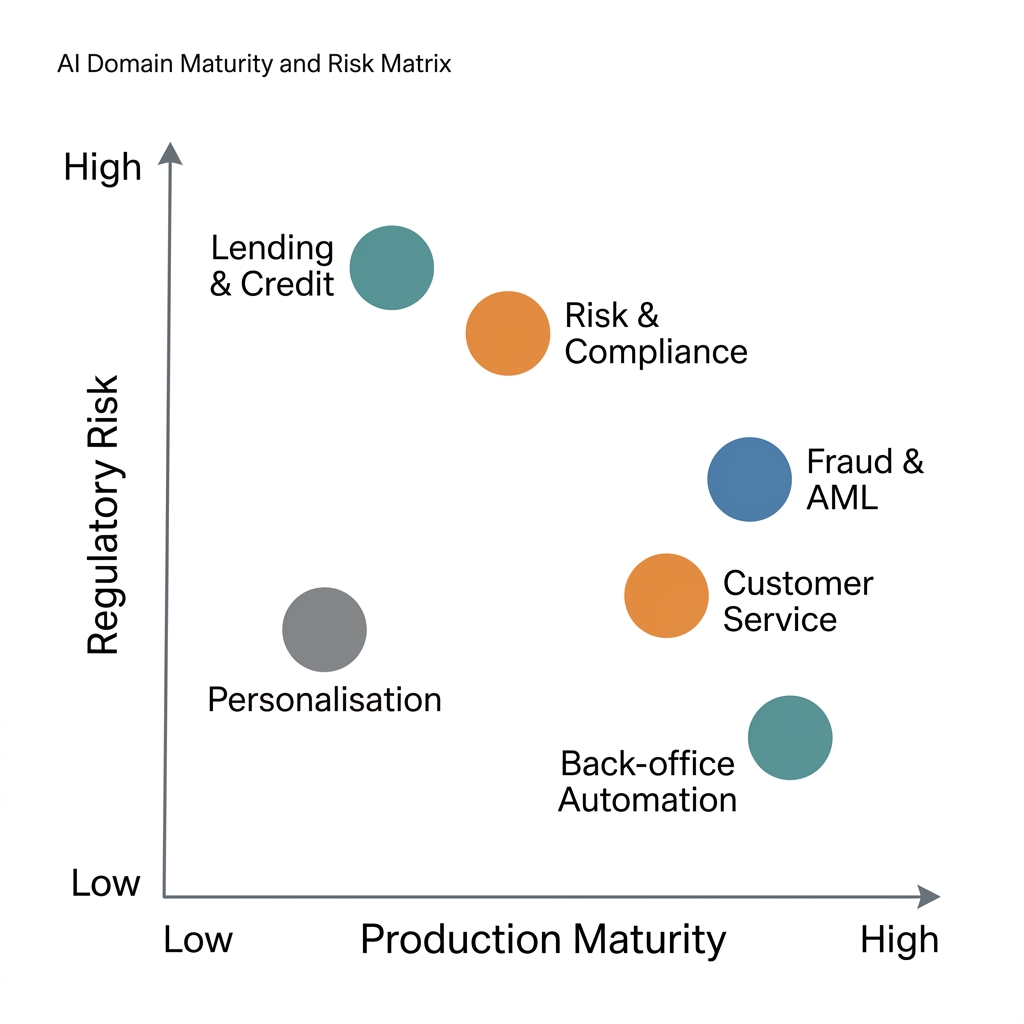 Matrix chart plotting six AI banking domains by production maturity and regulatory risk.