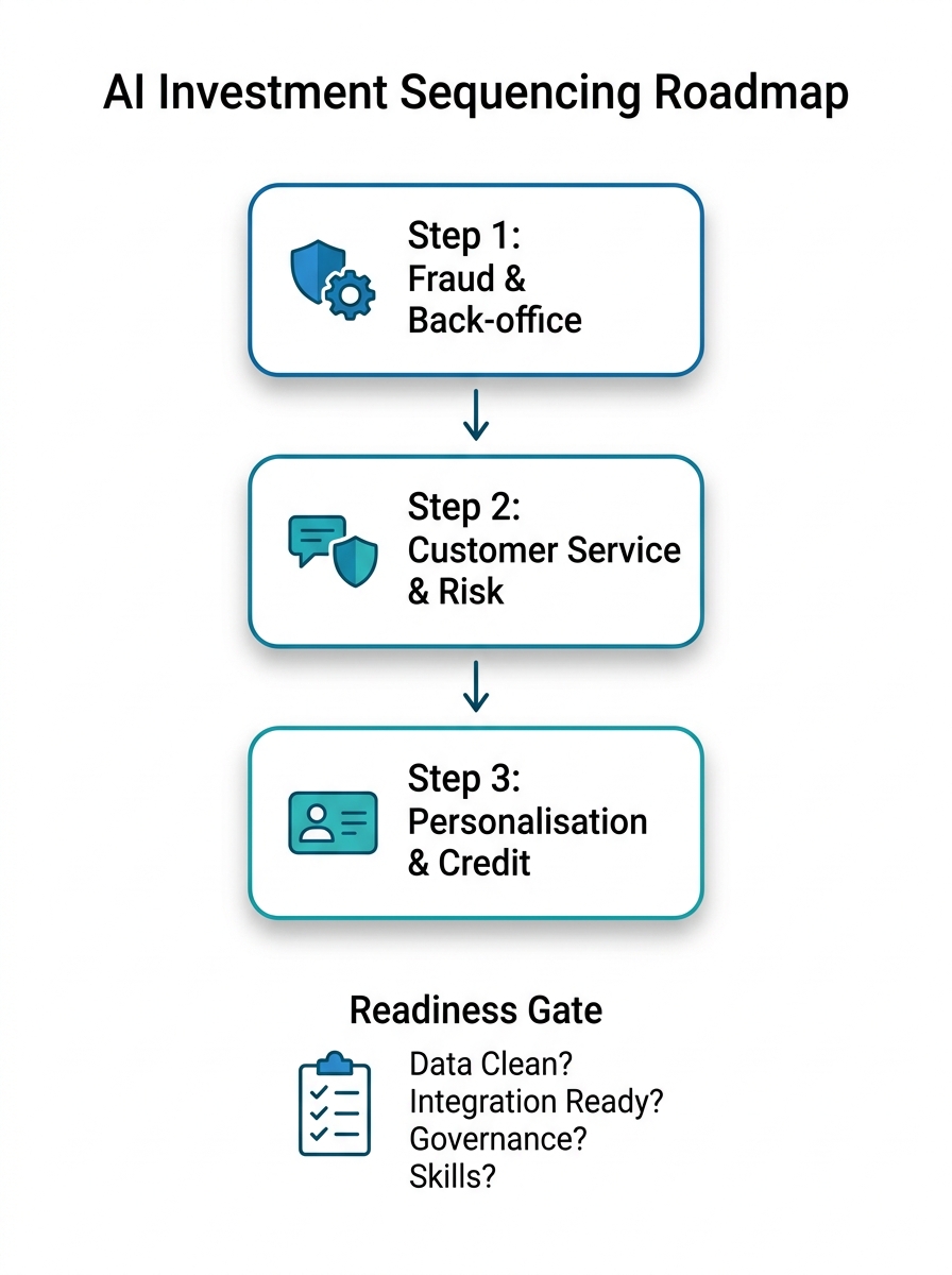 Flowchart showing the recommended three-step investment sequence for AI in banking with readiness checks.