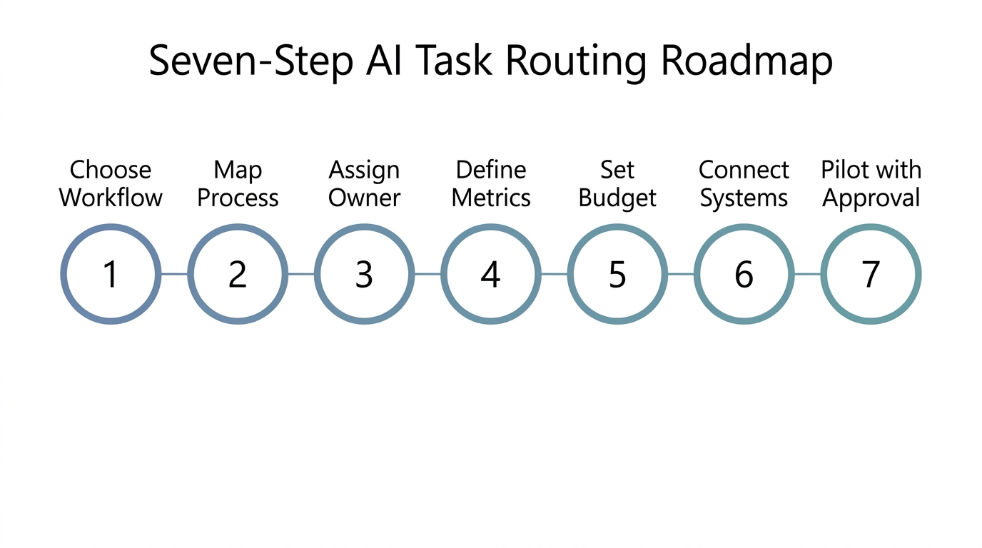 Timeline graphic showing seven steps to implement AI task routing, starting with choosing a workflow and ending with piloting with human approval.