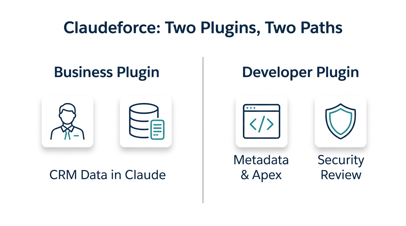 Side-by-side comparison of Claudeforce business plugin for sales reps and developer plugin for Claude Code metadata and Apex.