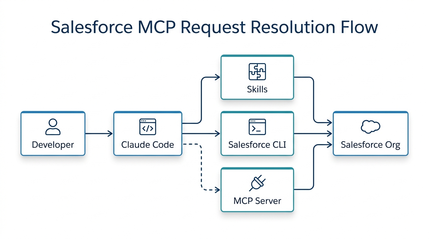 Workflow showing Claude Code using skills, Salesforce CLI, and MCP server to reach Salesforce org, with skills and CLI as priority and MCP as fallback.
