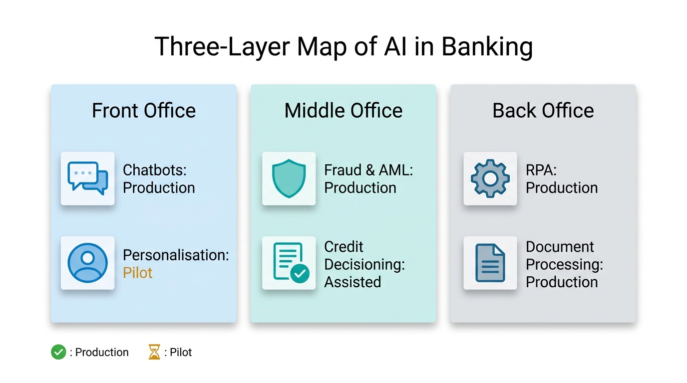 Three-column visual mapping front, middle, and back office AI applications with production or pilot status.
