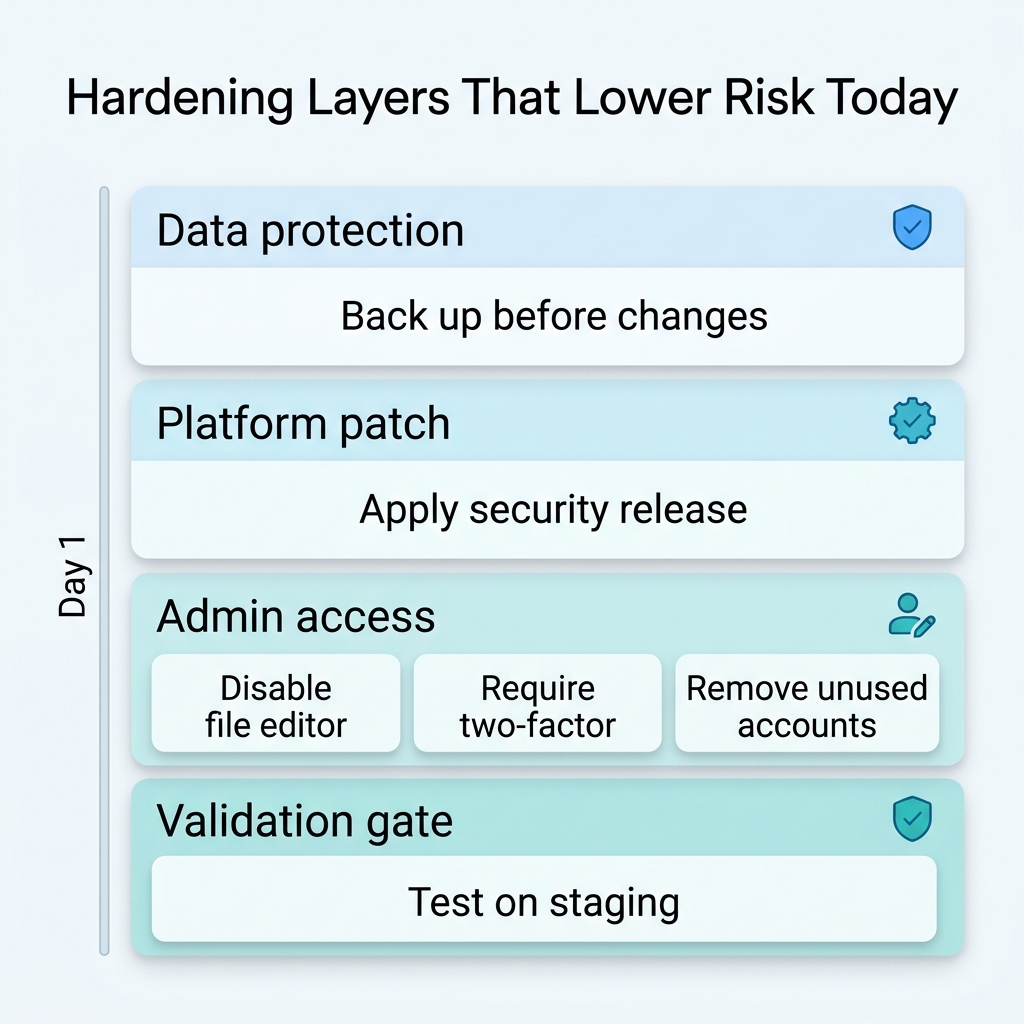 Layered diagram of CMS hardening: backup, security release, file editor off, two-factor sign-in, unused accounts removed, staging test.