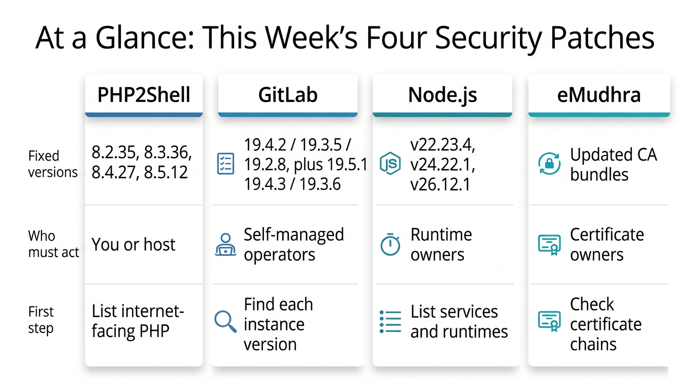 Four-column grid for PHP2Shell, GitLab, Node.js and eMudhra showing the fixed versions, who must act and the first step for each.