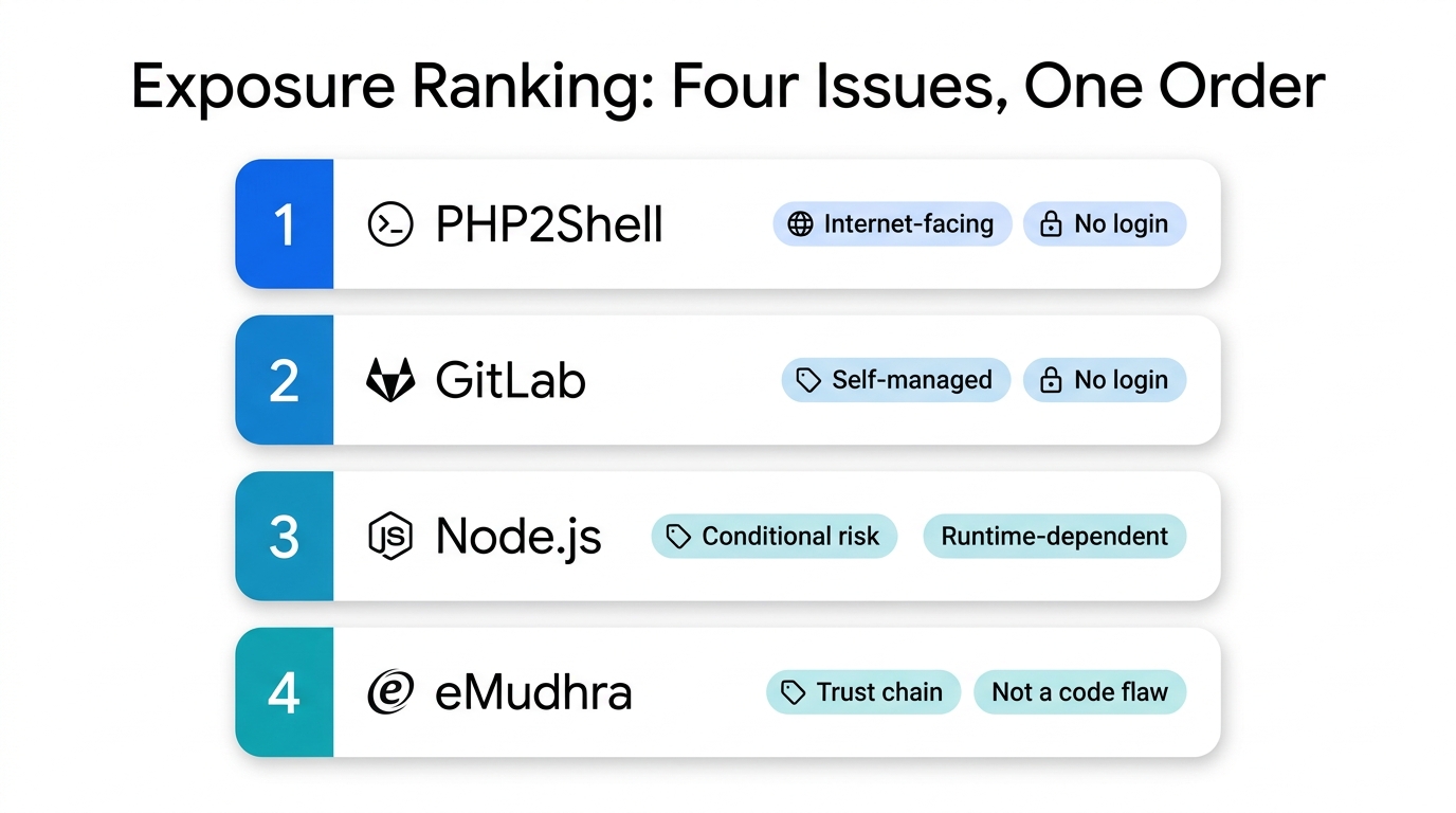 Ranked list of four issues by exposure: 1 PHP2Shell, 2 GitLab, 3 Node.js, 4 eMudhra, tagged internet-facing, no login, conditional risk and trust chain.