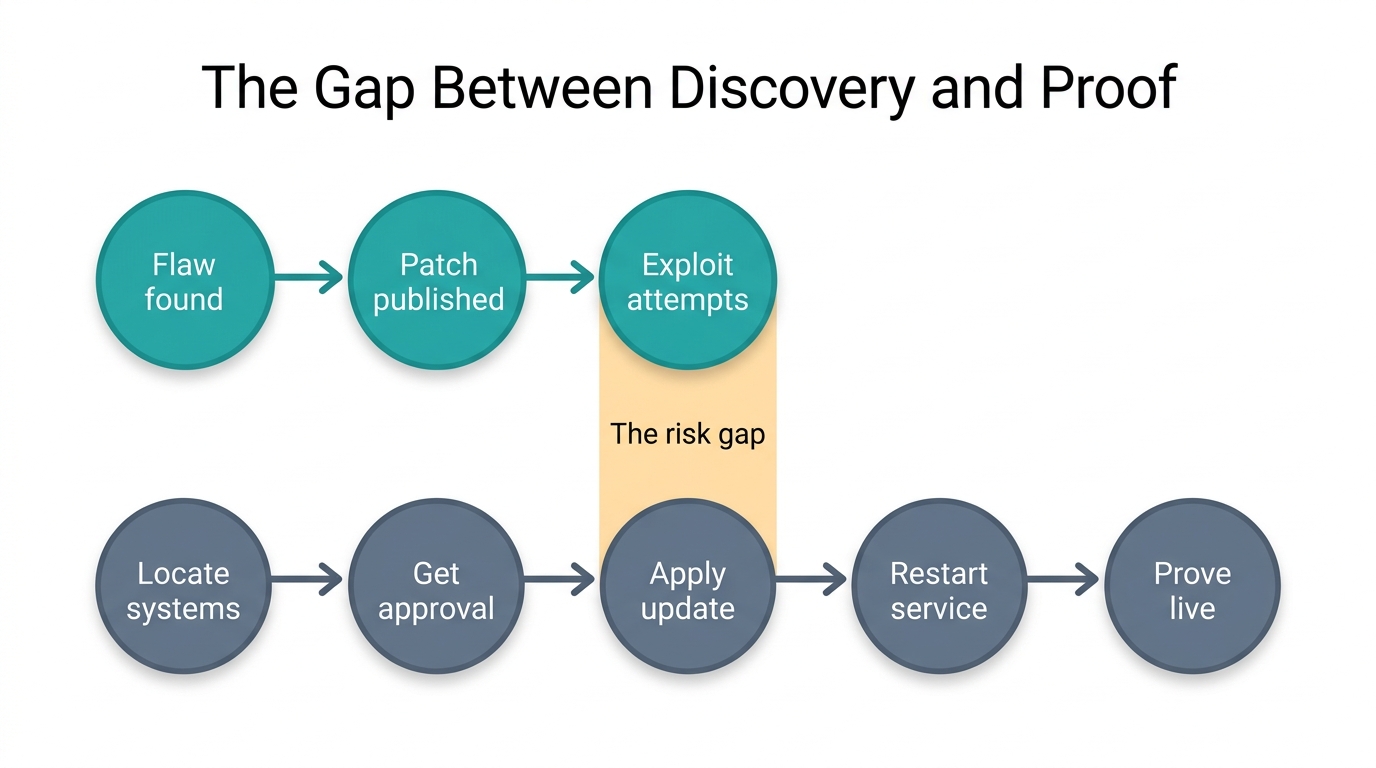 Comparison of a fast lane where AI-assisted discovery finds a flaw and a slower lane of five patch steps, with the risk gap between them.