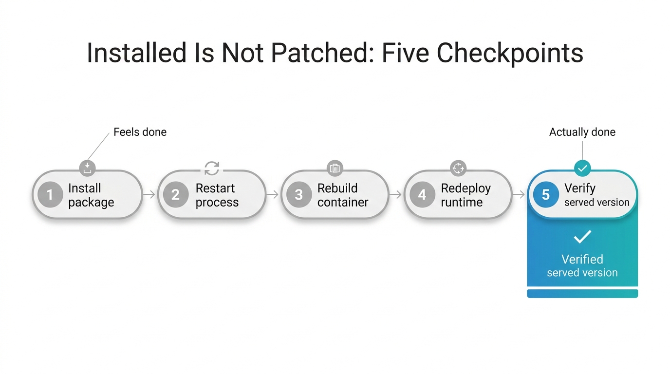 Five-step workflow diagram showing install package, restart process, rebuild container, redeploy runtime, and verify served version as separate checkpoints