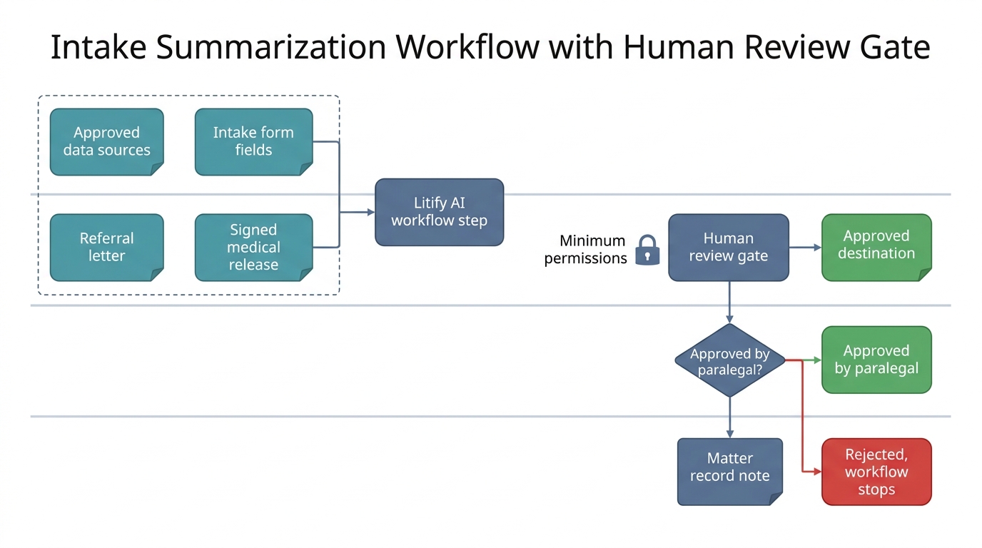 Four-lane workflow diagram for intake summarization showing approved data sources feeding a scoped Litify AI workflow step, passing through a mandatory