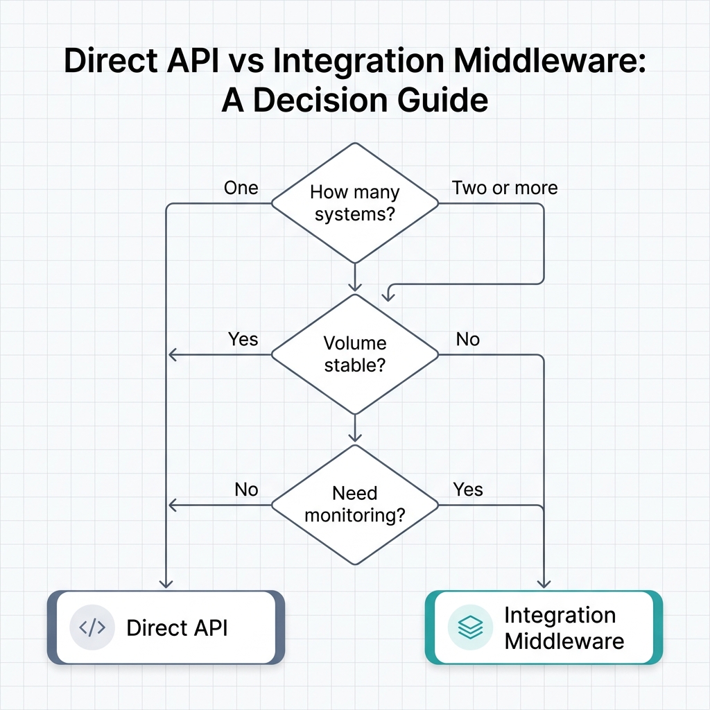 Decision tree comparing direct API and integration middleware for Litify integrations, branching on number of systems, volume stability, and need for