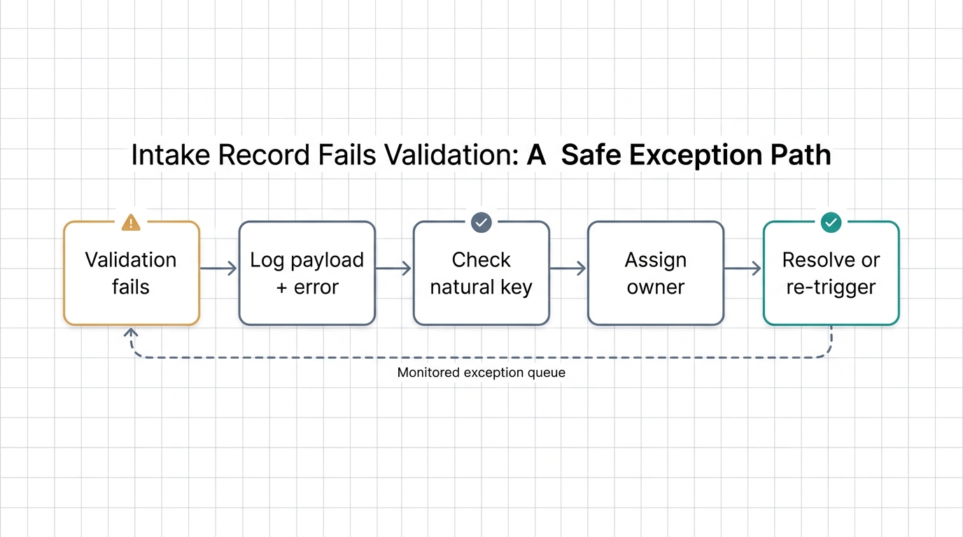 Workflow diagram of a Litify intake exception path with five steps: validation fails, log payload and error, check natural key, assign owner, and resolve or