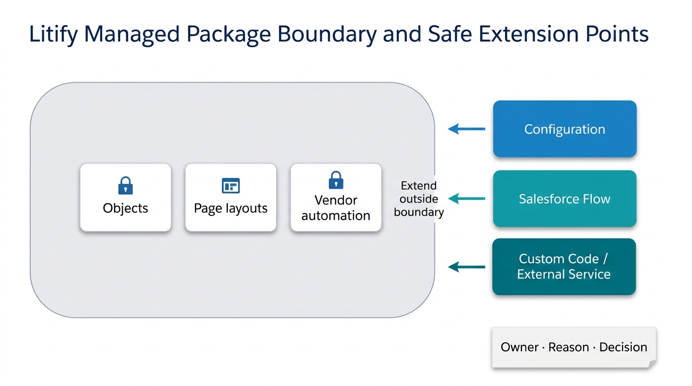 Architecture diagram showing Litify managed package boundary with vendor-controlled objects, layouts, and automation locked inside, and local customization