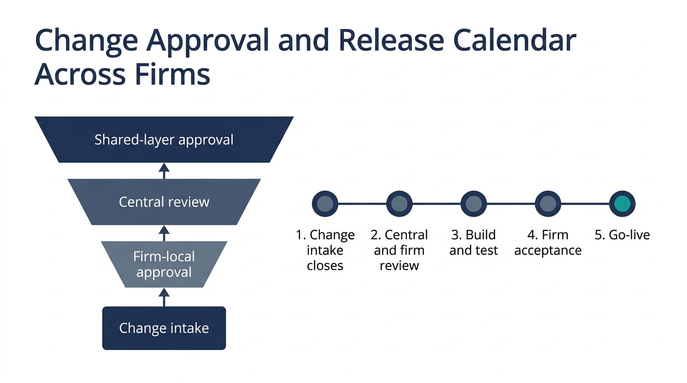 Infographic showing tiered approval for multi-firm Litify changes and five-step release calendar with firm acceptance before go-live.