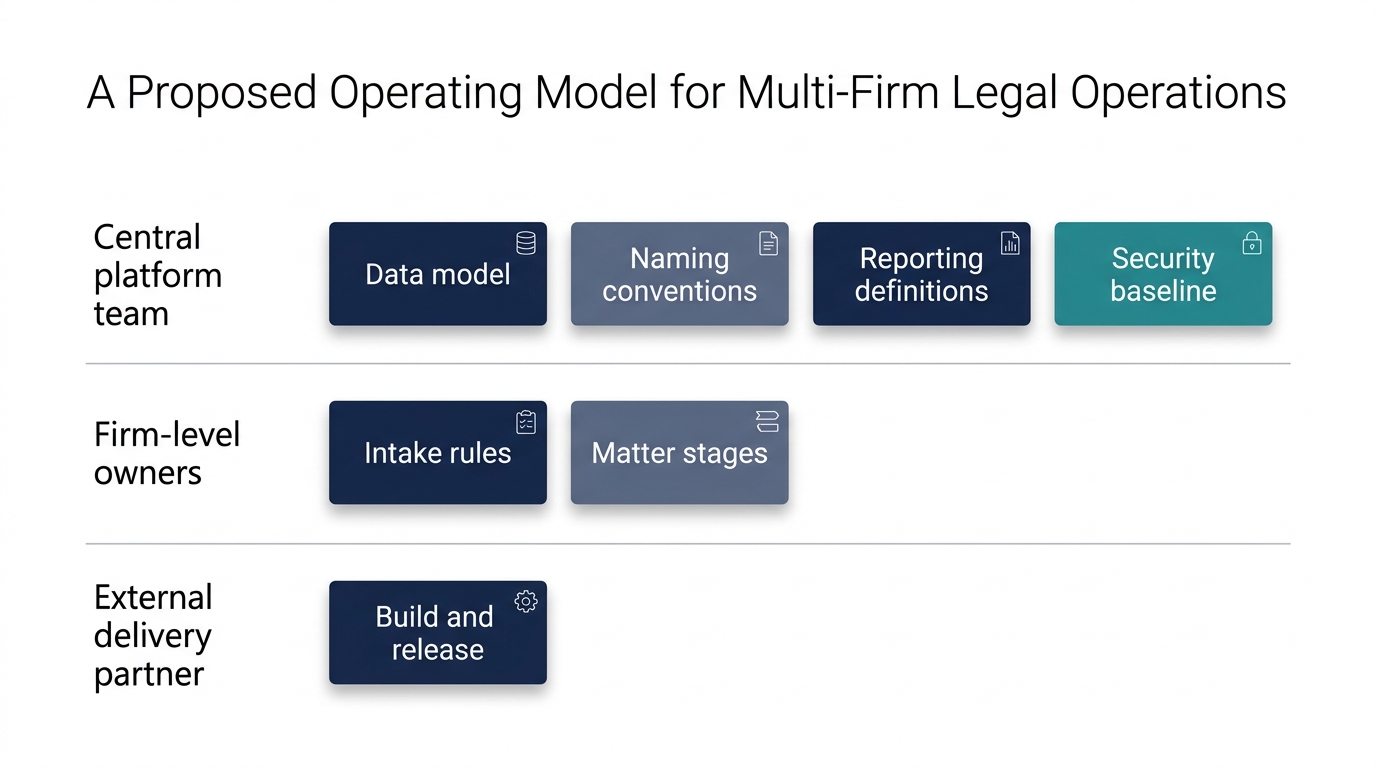 Swimlane diagram of multi-firm legal operating model with central platform team, firm-level owners, and external delivery partner responsibilities.