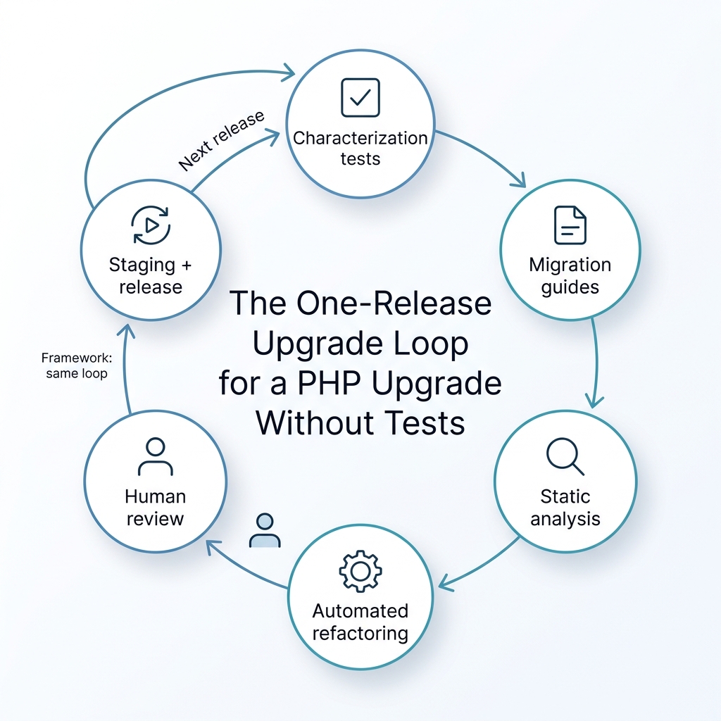 Circular flow diagram of a repeatable PHP upgrade loop: characterization tests, migration guides, static analysis, automated refactoring, human review, staging