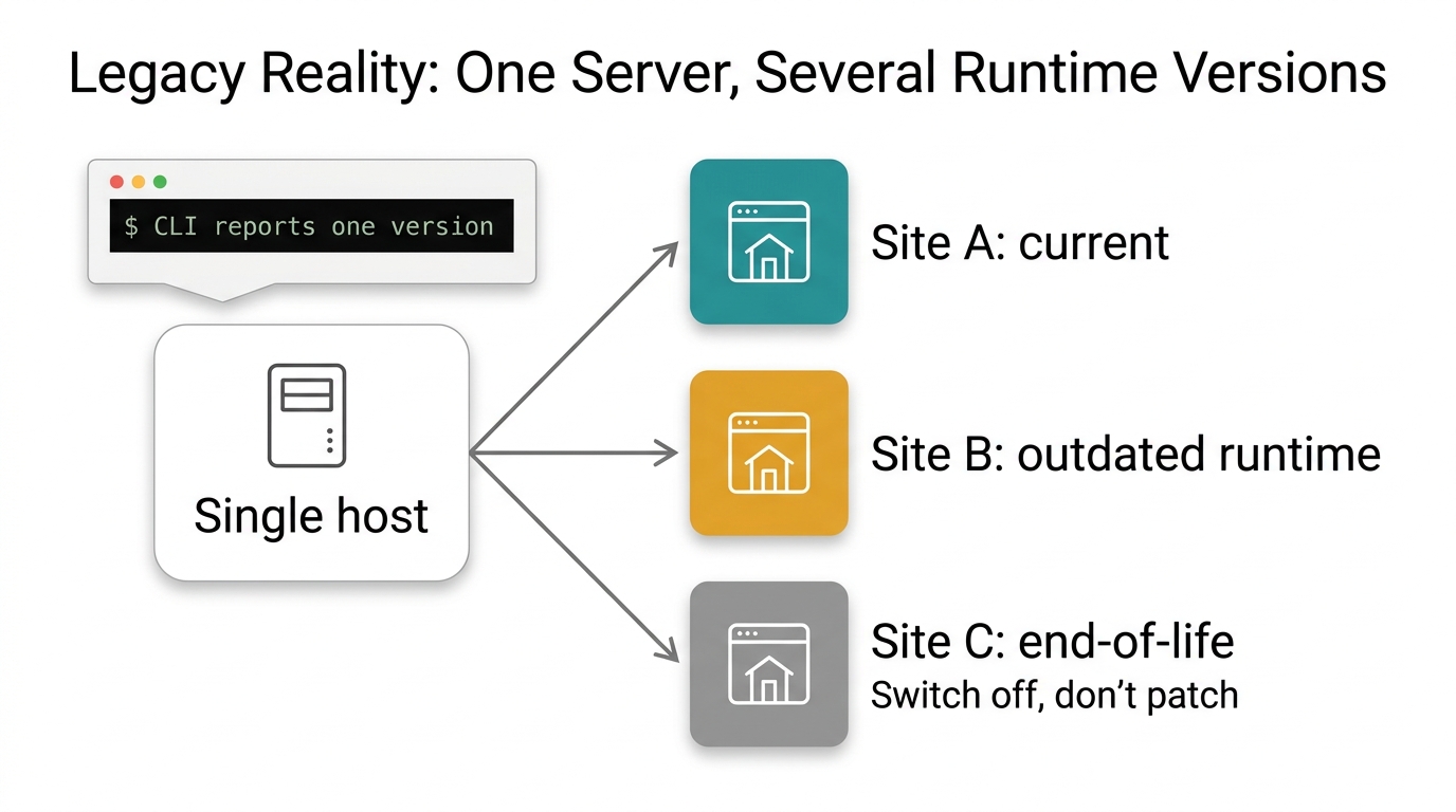 Diagram of one server hosting three sites on different runtime versions, one of them end-of-life and marked to switch off instead of patch.