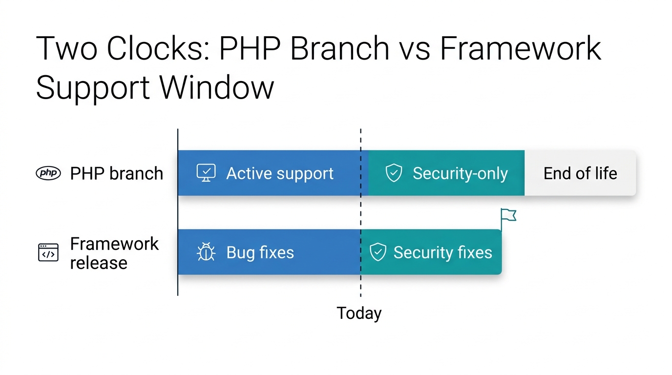 Two horizontal bars showing a PHP branch and a framework release with different support phases and one expiring earlier.