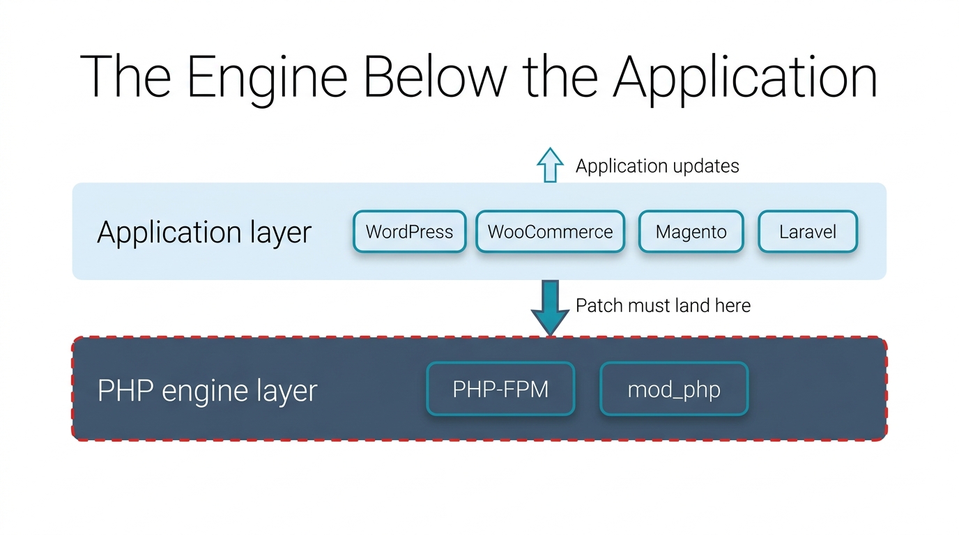 Two-layer diagram: WordPress, WooCommerce, Magento and Laravel in the application layer, above PHP-FPM and mod_php in the PHP engine layer.