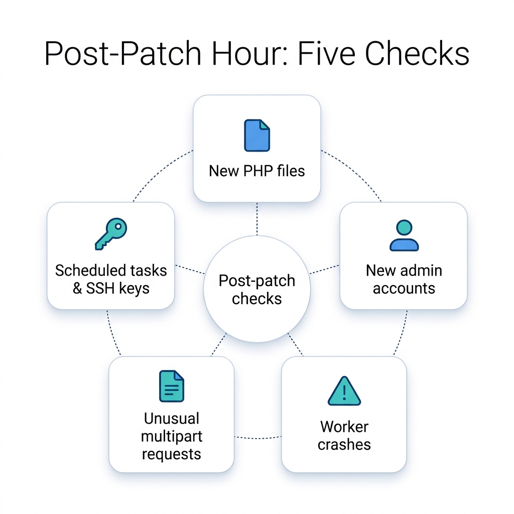 Checklist infographic with five cards labeled New PHP files, New admin accounts, Worker crashes, Unusual multipart requests, and Scheduled tasks with SSH keys
