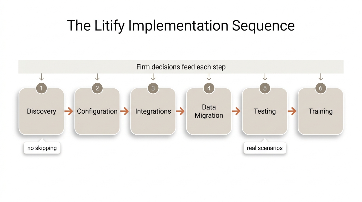 Horizontal process flow showing six implementation steps from discovery through training, with a band above indicating firm decisions feed each step.